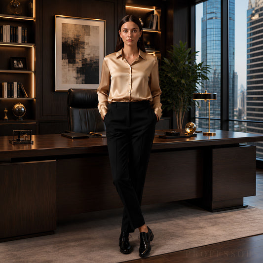 Woman in a professional setting with a large desk and cityscape view